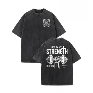 Barbell Strength Graphic Washed Oversized Tee for Men Vintage Acid Wash Heavyweight Cotton Drop Shoulder Streetwear Gym Casual Crewneck T Shirt