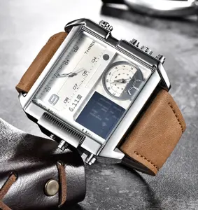 6.11 New Design LED Digit Dual Display Men Watches Big Size Square Dial Leather Sport Men's Wristwatches Luxury Brand Watch Male Luxury Analog-Digital Analog-Digital