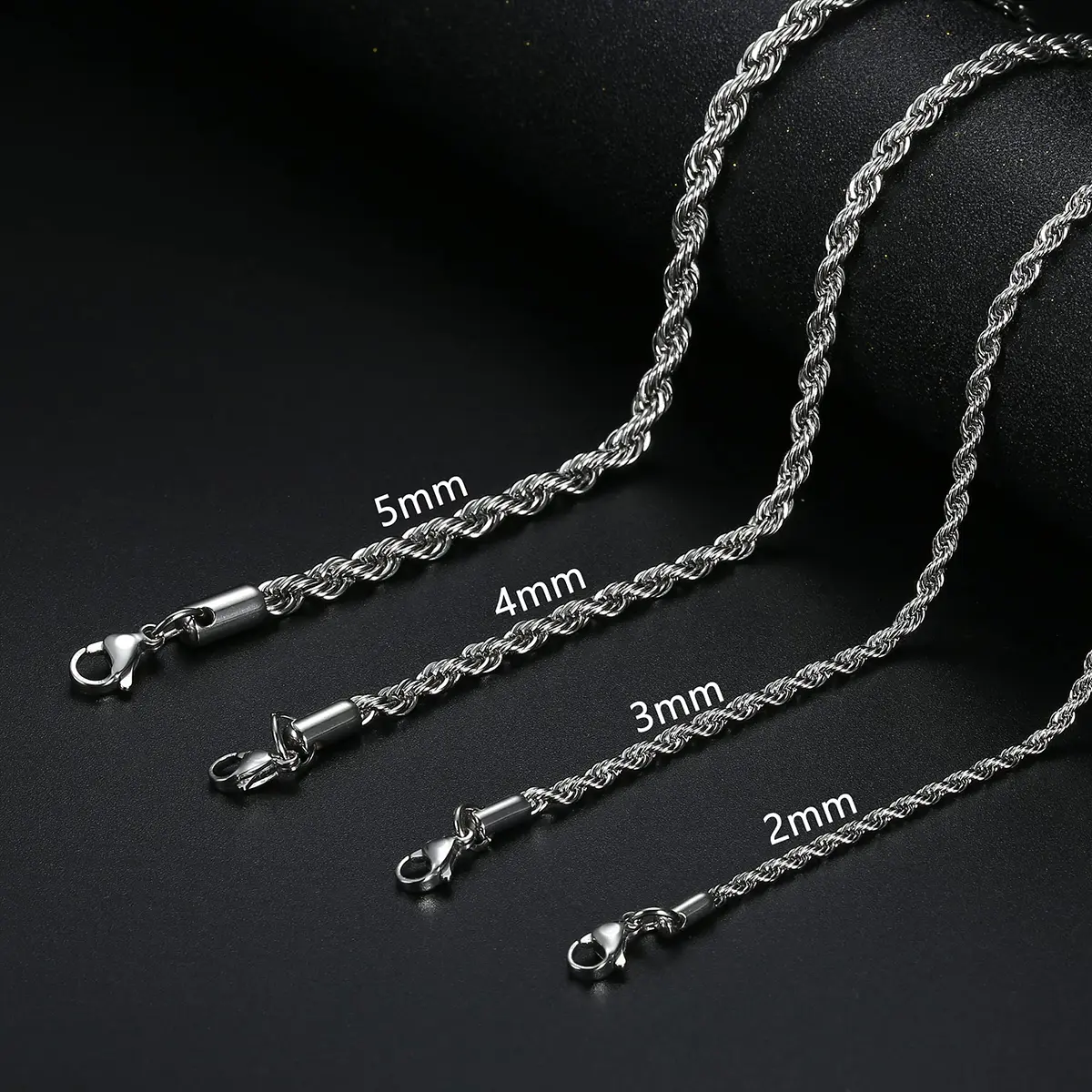 Twisted Rope Chain Necklace for Women Men, 316L Stainless Steel Hypoallergenic Accessories, 3-5mm, 18-24 Inches, Adjustable Hypoallergenic Chain, Accessories For Women, Necklaces For Women
