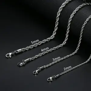 316L Stainless Steel Twisted Rope Chain Necklace - 18-24 Inch, 3mm to 5mm, Suitable for Men and Women, Hypoallergenic, Daily Wear, Unisex
