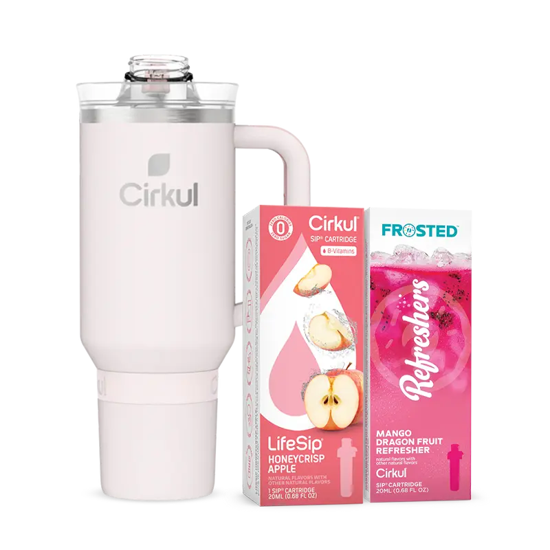 Cirkul® 40oz. Cherry Blossom All-Day StrawSip™ Tumbler (Pink) & Sip® Cartridges Starter Set: Honeycrisp Apple & Mango Dragon Fruit