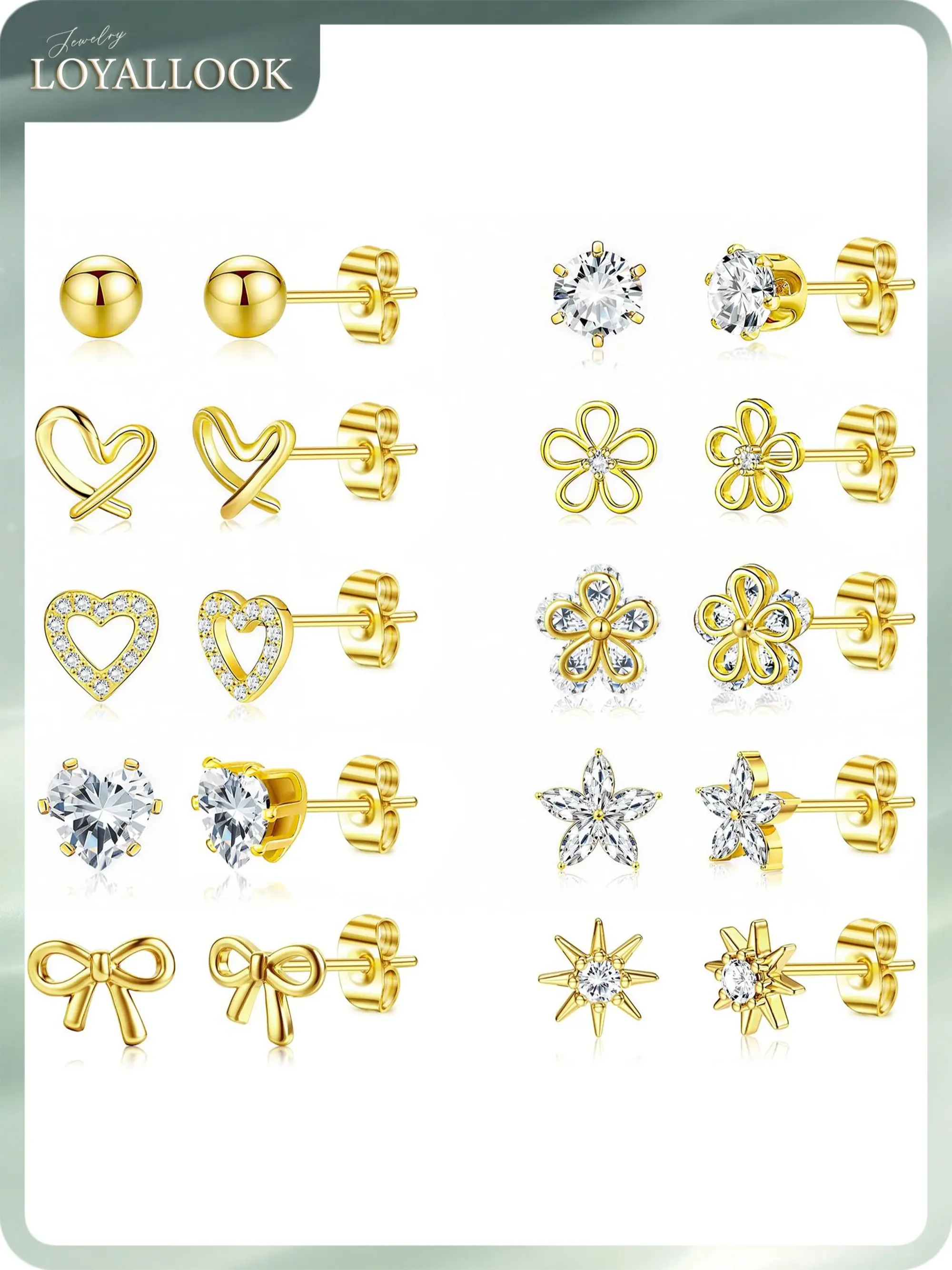 LOYALLOOK Stud Earrings for Women Hypoallergenic, 14K Gold Plated Surgical Steel Earrings for Sensitive Ears Women Dainty Small Heart Flower Bow Earrings for Jewelry Gift