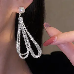 Pearl Drop Tassel Earrings  Luxury Rhinestone Statement Earrings for Wedding & Party