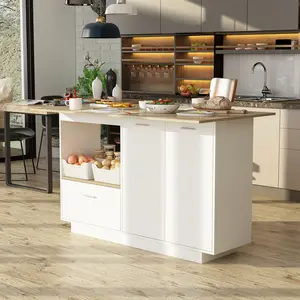 FUFU&GAGA 59.1" L Kitchen Island with Brown Counter Top, Wood Prep Table Stationery Storage Cabinet for Dining Room