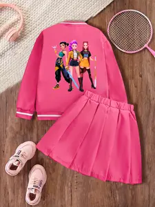 Girls' Spring Casual Set, Cartoon Print Baseball Jacket, High Waist Skirt, Long Sleeve, Loose-Fitting