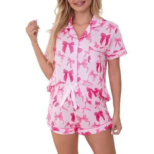 Cute Bow Pajamas Sets for Women 2 Piece Button Up Short Sleeve Nightwear Lounge Sleepwear