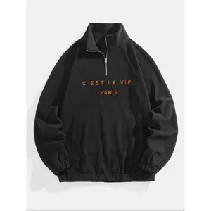 Men's "C' EST LA VIVE PARIS" Letter Embroidery Half Zip Polar Fleece Sweatshirt, Casual Regular Fit Long Sleeve Stand Collar Pullover for Fall & Winter, Fashion Men's Clothes for Daily Wear