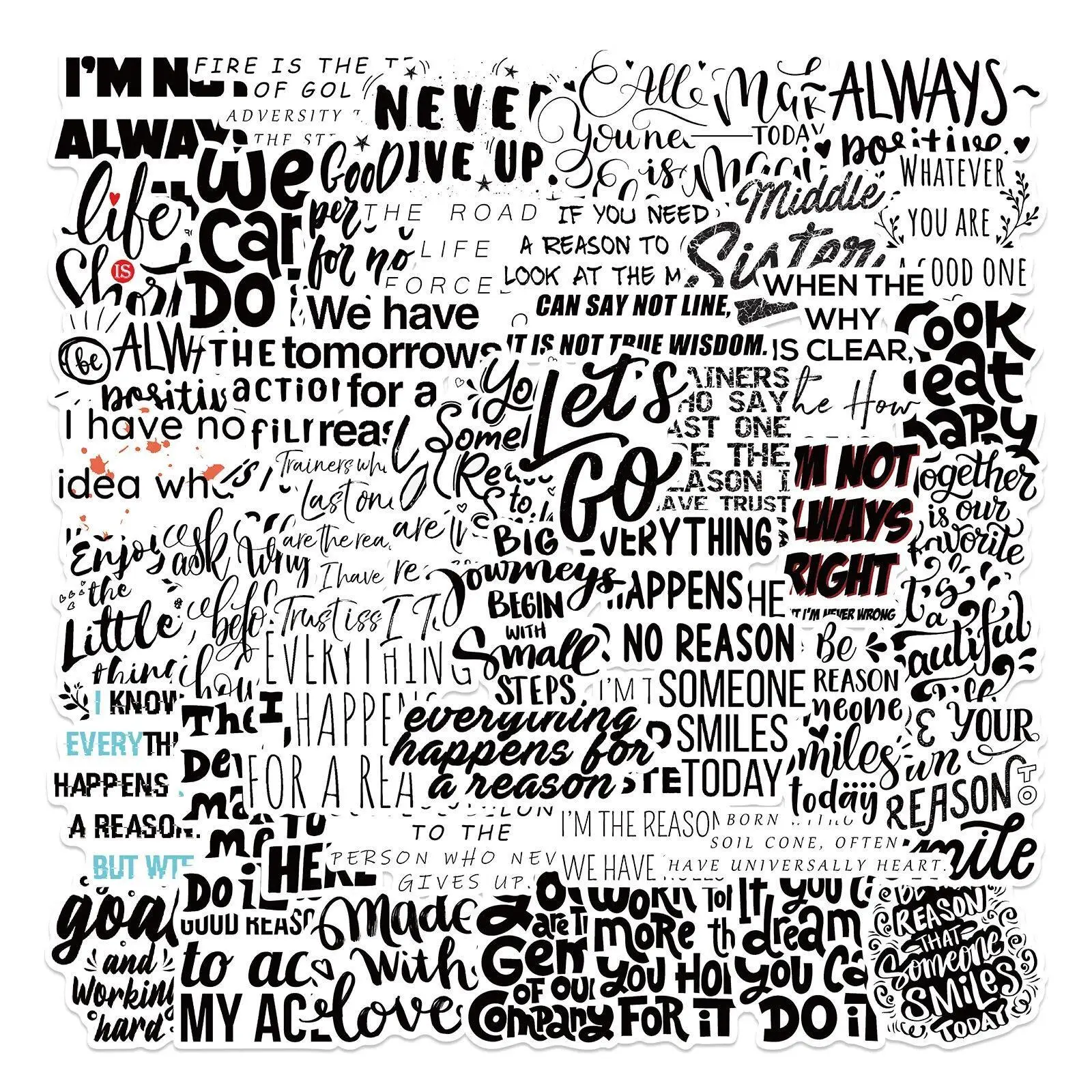 Black & White Inspirational Text Series Graffiti Sticker, 50pcs Creative Decorative Stickers, DIY Decals for Water Bottle, Summer Essentials