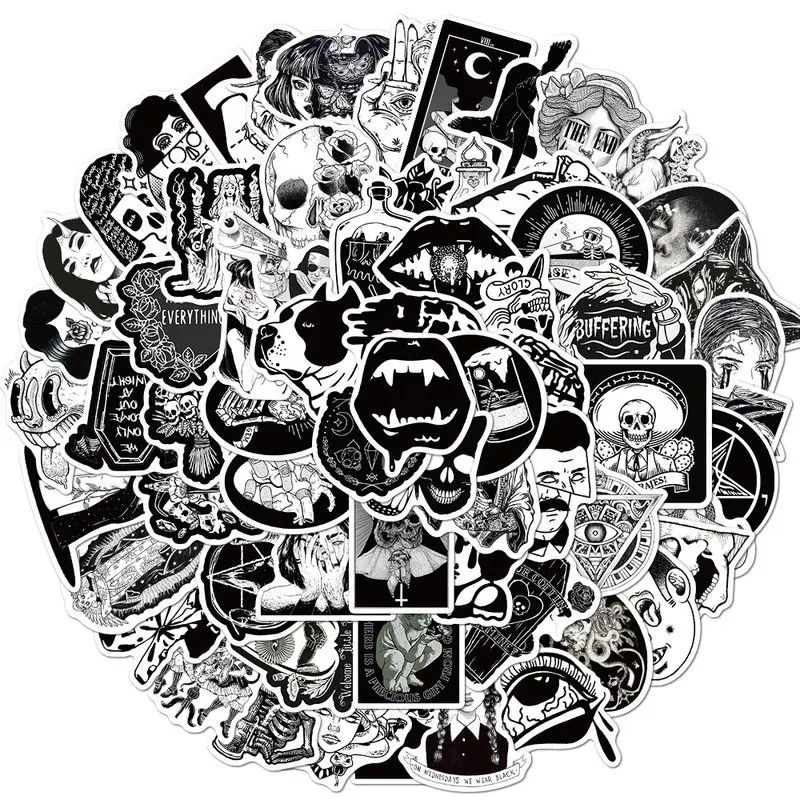 100PCS Black And White Punk Style Gothic Graffiti Waterproof Sticker Set Suitcase Trolley Case Notebook Skateboard Sticke Adhesive Stickers Decal
