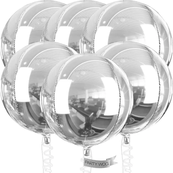 PartyWoo 32-In Jumbo Size Reflective Metallic Silver Foil Balloons, 6-Piece Giant Round 4D Inflatable Mirror Mylar Set for Birthday Celebration Decor