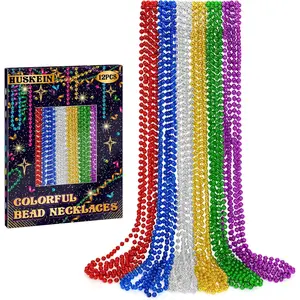 12 PCS Mardi Gras Beads Necklaces, 33" Metallic 6 Kinds Color Beaded Stuff Set, Festival Parade Throws, Colorful Assorted Carnival Costume Accessories for Christmas Parade Party Favors Decorations