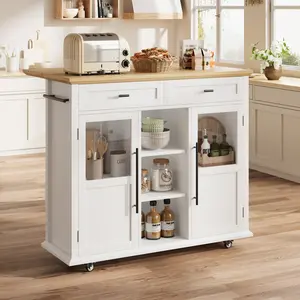 Kitchen Island Cart, Rolling Kitchen Island with Drop Leaf Countertop, Kitchen Storage Island on Wheels with Glass Door Cabinet, 2 Drawers and Open Storage Compartment, Gray/White/Black