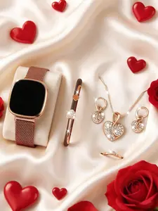 Women's LED Touchscreen Electronic Watch Set with Heart Bracelet Necklace Ring Earrings, Magnetic Alloy Strap, Plastic Case, Perfect Gift