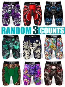 Men's Long Briefs Multi-Color Random 3-Pack Stretchy Boxer Briefs Set Print Boxershorts Halloween Skull Spider Money Prints Moisture-Wicking Quick-Dry Sports Underwear