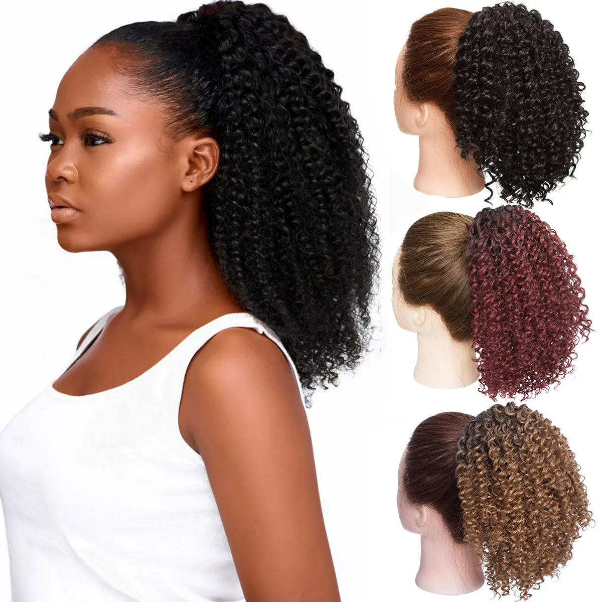 MY-LADY Adjustable Synthetic Soft Hairpieces, 8-Inch African Kinky Curl Drawstring Clip Hair Extensions, 130G Afro Bun (6 Colors) for Women, Casual & Party Ready Use, Non-Dyeable
