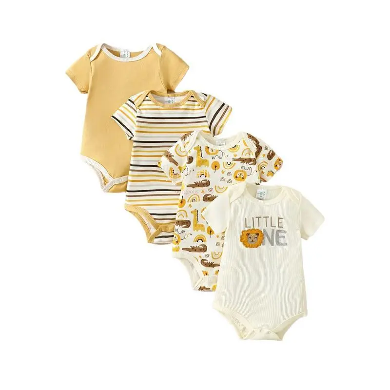 New4pcs Spring/Summer Newborn Girl Bodysuit Set - 100%, Breathable & Comfortable with Pink Cartoon Apple Design, Perfect for Indoor and Outdoor Wear, Perfect for Outdoor