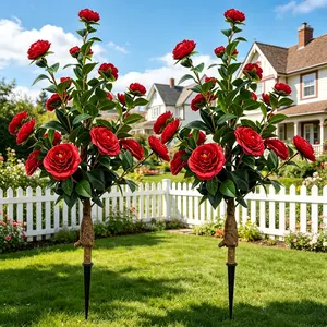 2-piece 35-inch artificial camellia, UV-resistant, fade-resistant, maintenance-free flowering camellia tree ground stakes, very suitable for decorating indoors, outdoors, gardens, porches, and backyards