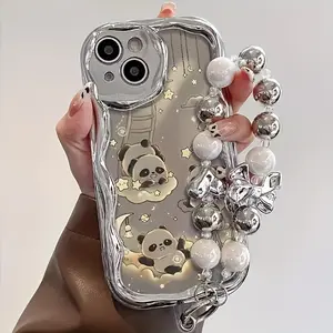 Cute Panda Pattern, Electroplated Silver Cream Pattern Phone Case, Designed with Beaded Bracelet Strap, Suitable for iPhone 16 15 14 13 12 11 Plus Pro Max Series, Perfect for Personal Use or Gift
