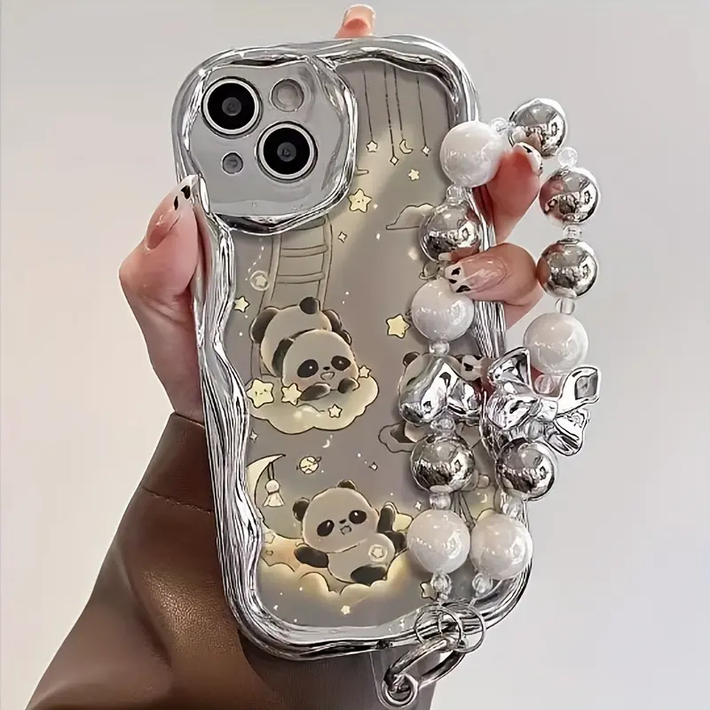 Cute Panda & Electroplated Silver Cream Pattern Phone Case with Beaded Bracelet Strap, Mobile Phone Accessories for iPhone 16/15/14/13/12/11 Plus Pro Max Series, Ideal for Personal Use or Gifting