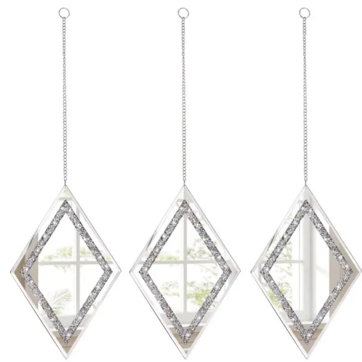 3 Pack Silver Diamond Shaped Wall Mirrors With Crystal Crush Frame Decorative Glass Mirror For Home Decor