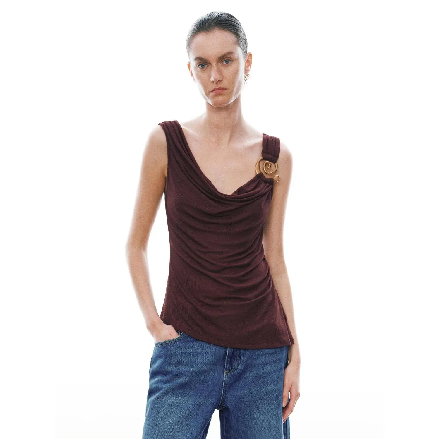 URBAN REVIVO Women's Casual Cowl Neck Ruched Tank Top - Thin, Slim-Fitting Polyester Style for Summer