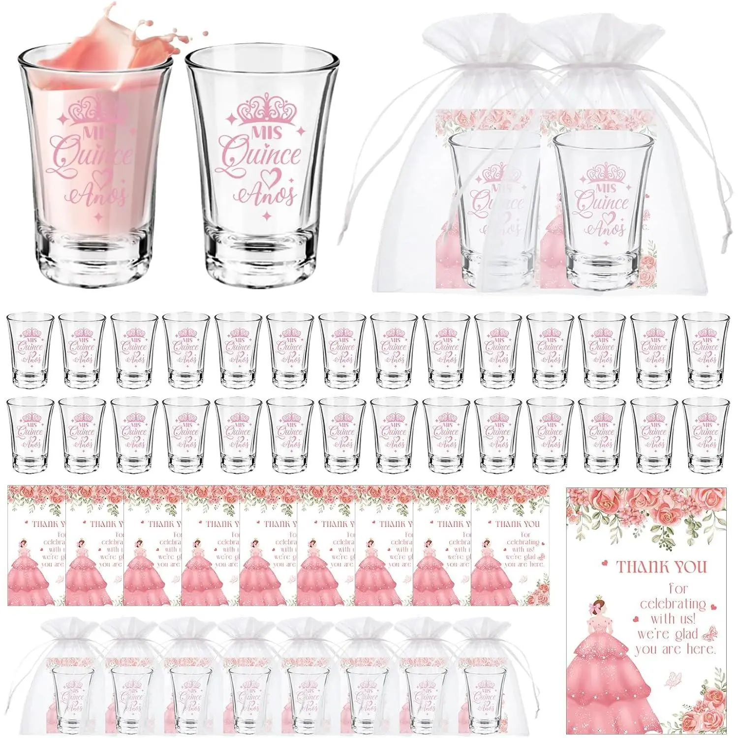 50 Sets Quinceanera Party Favors for Guests Quinceanera Clear  Shot Glasses Thank You Cards Organza Bags Mis Quince Anos Party Supplies Quinceanera Sweet 15 Birthday Party Favors