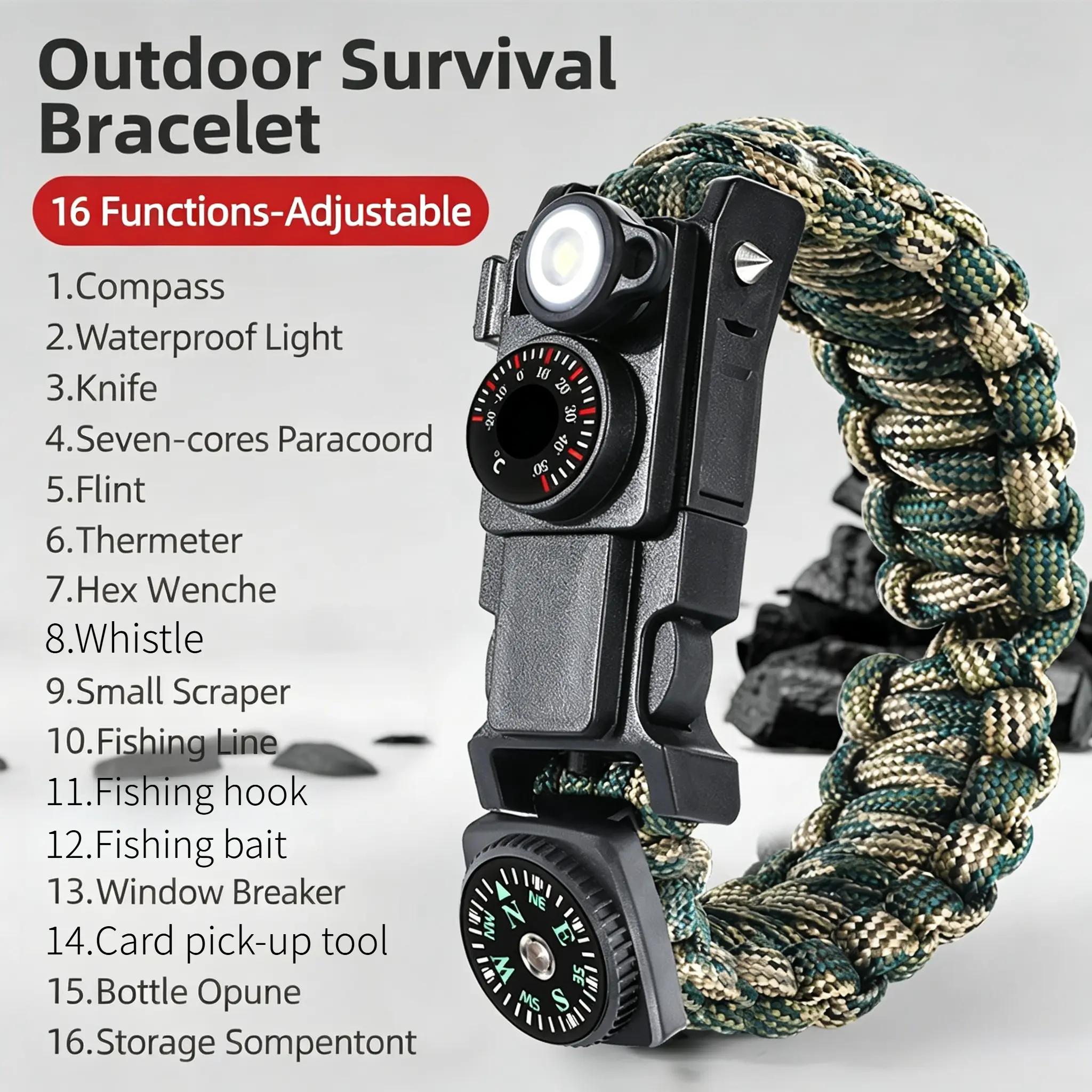 Parachute Rope Bracelet - 16-in-1 Emergency Survival Gear, Tactical Tool, Lightweight Reusable Foldable 7-Core Lifeline for Survival Camping, Outdoor Adventure Fashion Accessory