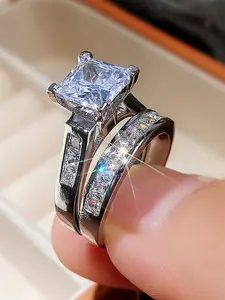 2PC/Set Fashion Cubic Zirconia Ring Bridal Set Rings Bridal Engagement Ring For Women For Valentine's Day Gift Wedding Anniversary Party Jewelry