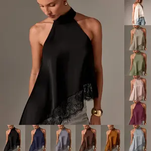 Women’s summer solid-color stylish sleeveless satin camisole top, halter neck top with lace trim panels