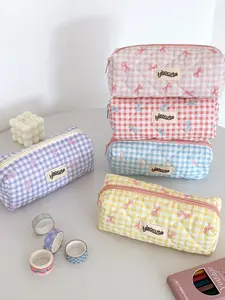 Style Cartoon Plaid Bow, Large Capacity Stationery Storage Pouch, Cute School Pencil Case, Travel Cosmetic Organizer, Zipper Makeup Organizer, Pencil Bag