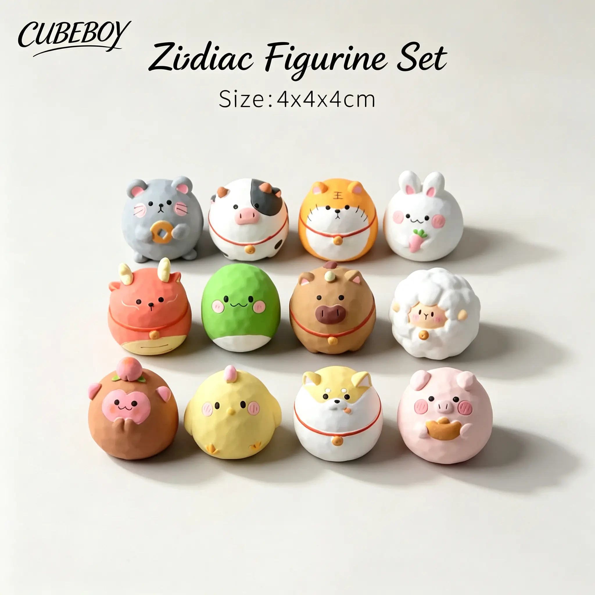 Chinese zodiac wood carving style ornaments, cute small animal figurines, desktop decorations, office workstations, stress relieving gifts