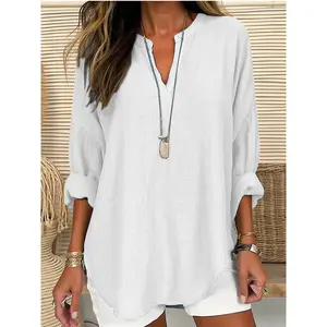 2025 Women's V-neck Cotton and Linen Pure plus Size Shirt Top White