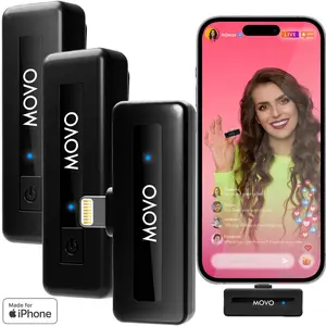 Movo - Wireless Mini DI Duo - Dual Wireless Lightning Microphone for iPhone, 10 HR Battery 164FT Range Audio Receiver