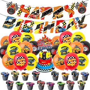 Hot Wheels Racing Theme Birthday Party HOT WHEEL Pull Flag Balloon Cake Plug Decoration Set