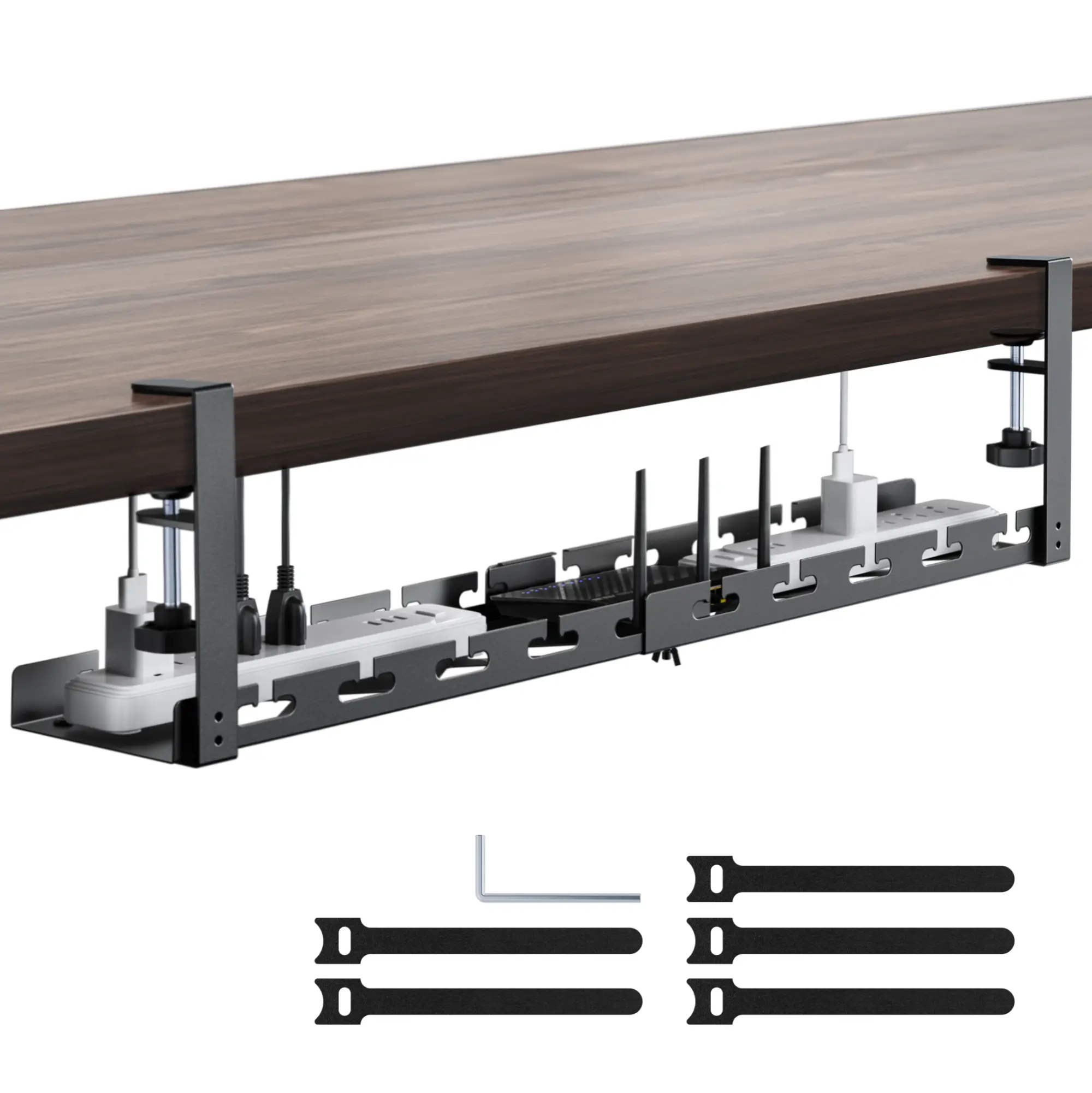 ARES WING Powder-Coated Metal Desk Organizers - Extendable 17"-28.7", C-Clamp Attachment, 11 lbs Capacity, Cable Slots, Cord Organization, Adjustable Fit, Desk Setup Accessories for Office Use, Powder Coating