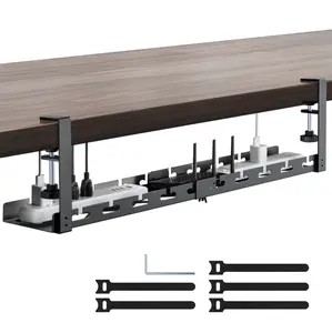 ARES WING 17"-28.7" Extendable Under Desk Cable Management Tray with Cable Slots, Clamp On Cord Organizer Holds Up to 11 lbs, Black Metal Under Desk Storage for Office and Gaming Accessories