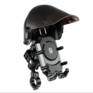 360° Motorcycle Phone Mount ak Sun Shade – Anti-Vibration Holder pou Bisiklèt & Moto (Universal, Black)