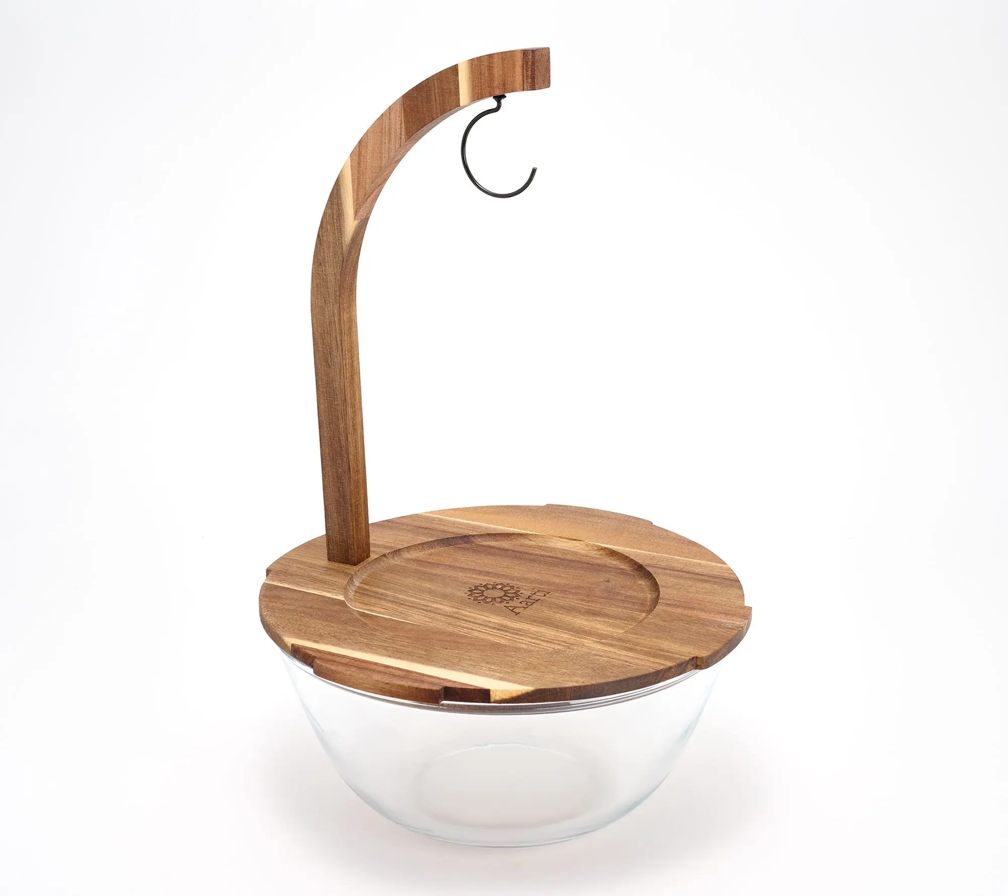 Aarti Sequeira 4-qt Glass Fruit Bowl w/ Banana Hanger Acacia Lid Aarti Sequeira 4-qt Glass Fruit Bowl w/ Banana Hanger Acacia Lid