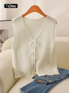 Women's Plain V-Neck Bow Tie Knit Vest Cardigan, Casual Loose-Fitting Outerwear, Elegant Fashion Sweater for Daily Wear
