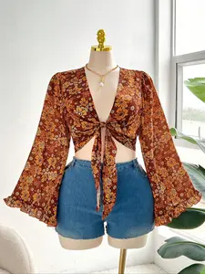 [Plus Size] Floral Print Crop Blouse, Shirts, Boho Bohemian Elegant Fitted Long Sleeve Top for Summer, Women's Clothes for Vacation Holiday, Short