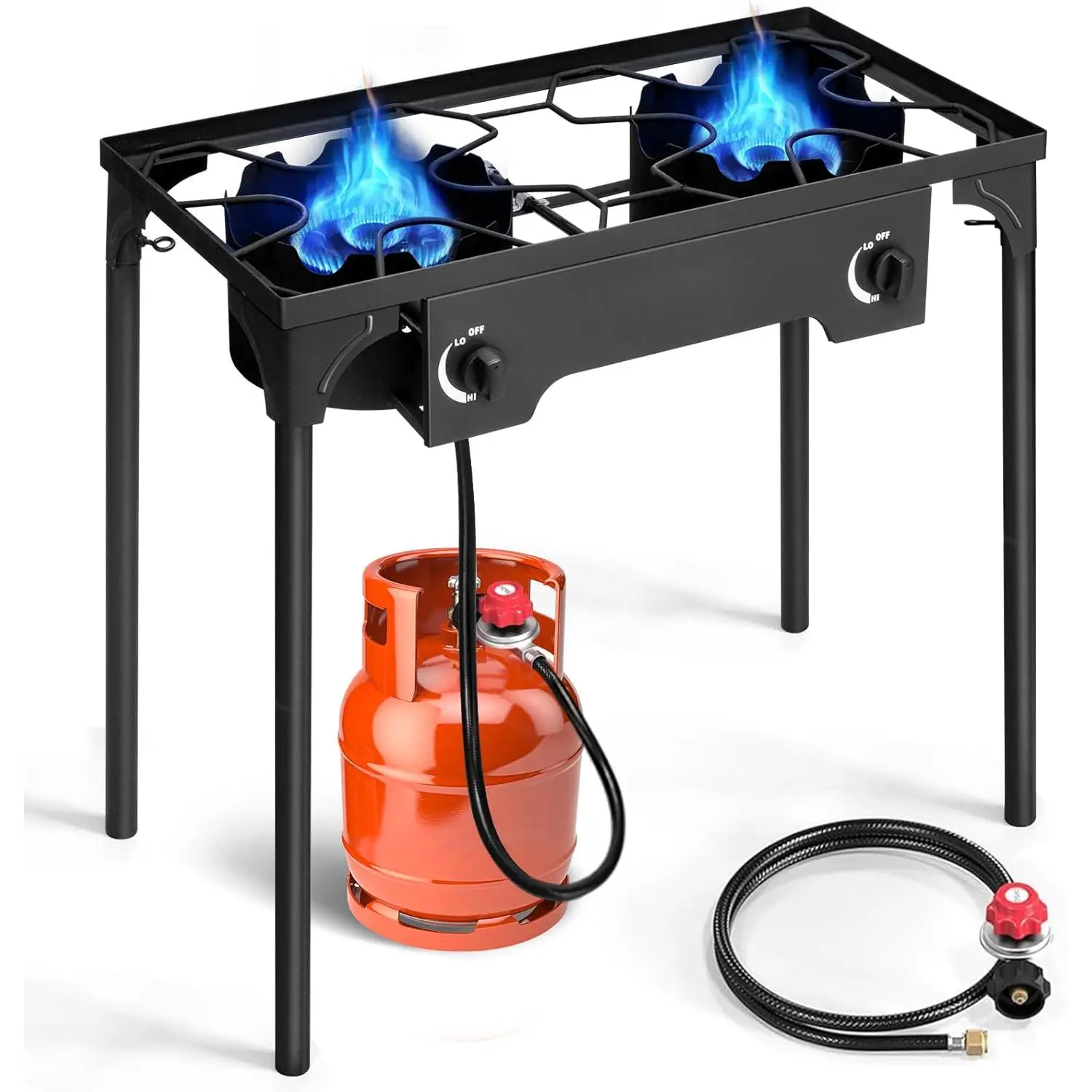 2-Burner Propane Gas Camping Stove - 150000 BTU Portable Stove Top Outdoor Cooking Station with Removable Legs, Temperature Control Knobs for Backyard BBQ, Outdoor Cooking