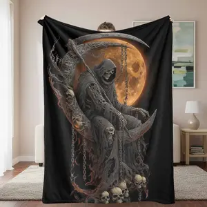 Grim Reaper Flannel Blanket, Skull and Moon Print, Super Soft Cozy Warm, Lightweight and Durable, Perfect for Halloween Decor, Gothic Themed Room, Dorm Decor, Sofa Couch, Bed, Spooky Gift. summerwins