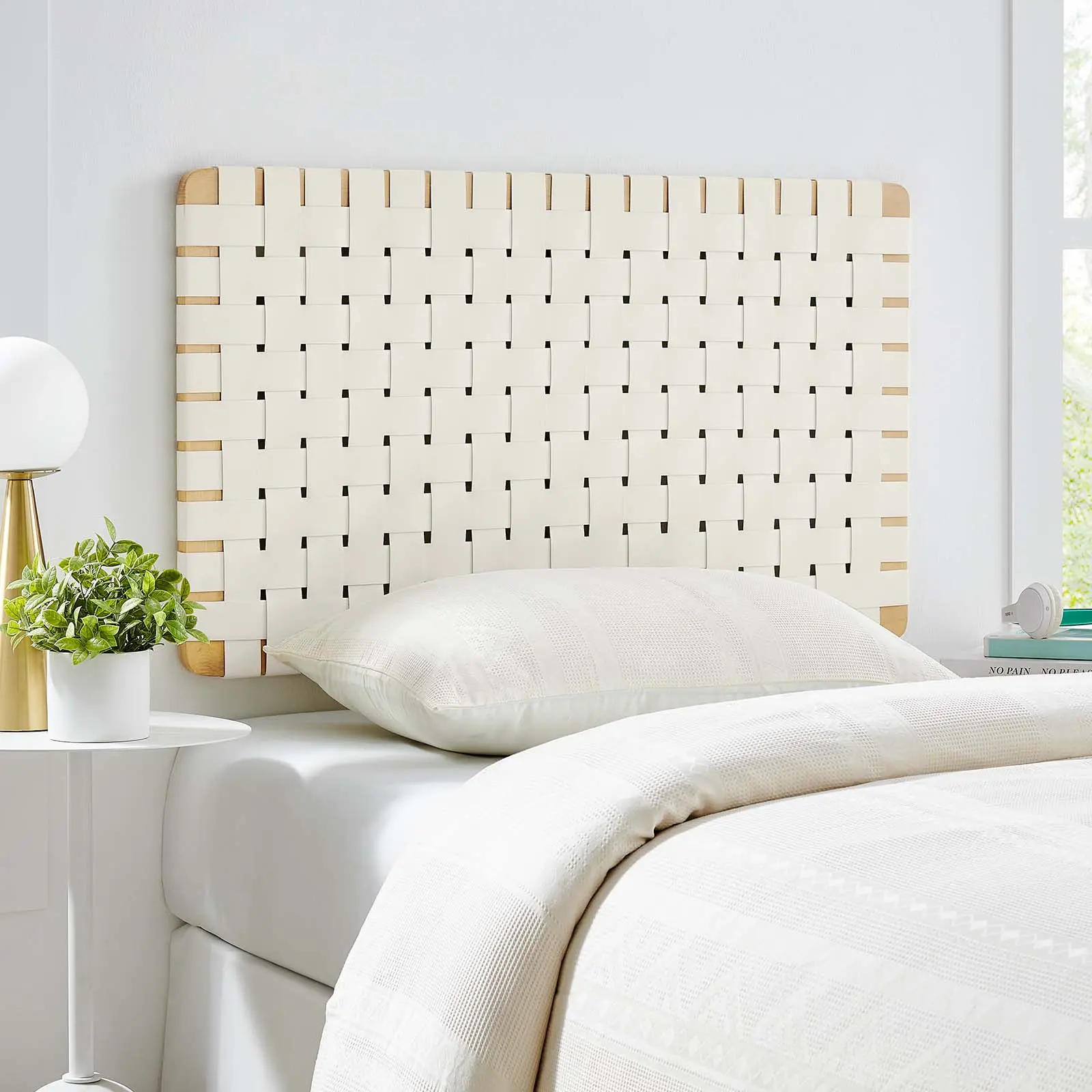 Modway Sparta Weave Wall-Mount Twin Vegan Leather Wood Headboard, Natural Beige Bed Headboard, College Dorm Room, Children's Bedroom
