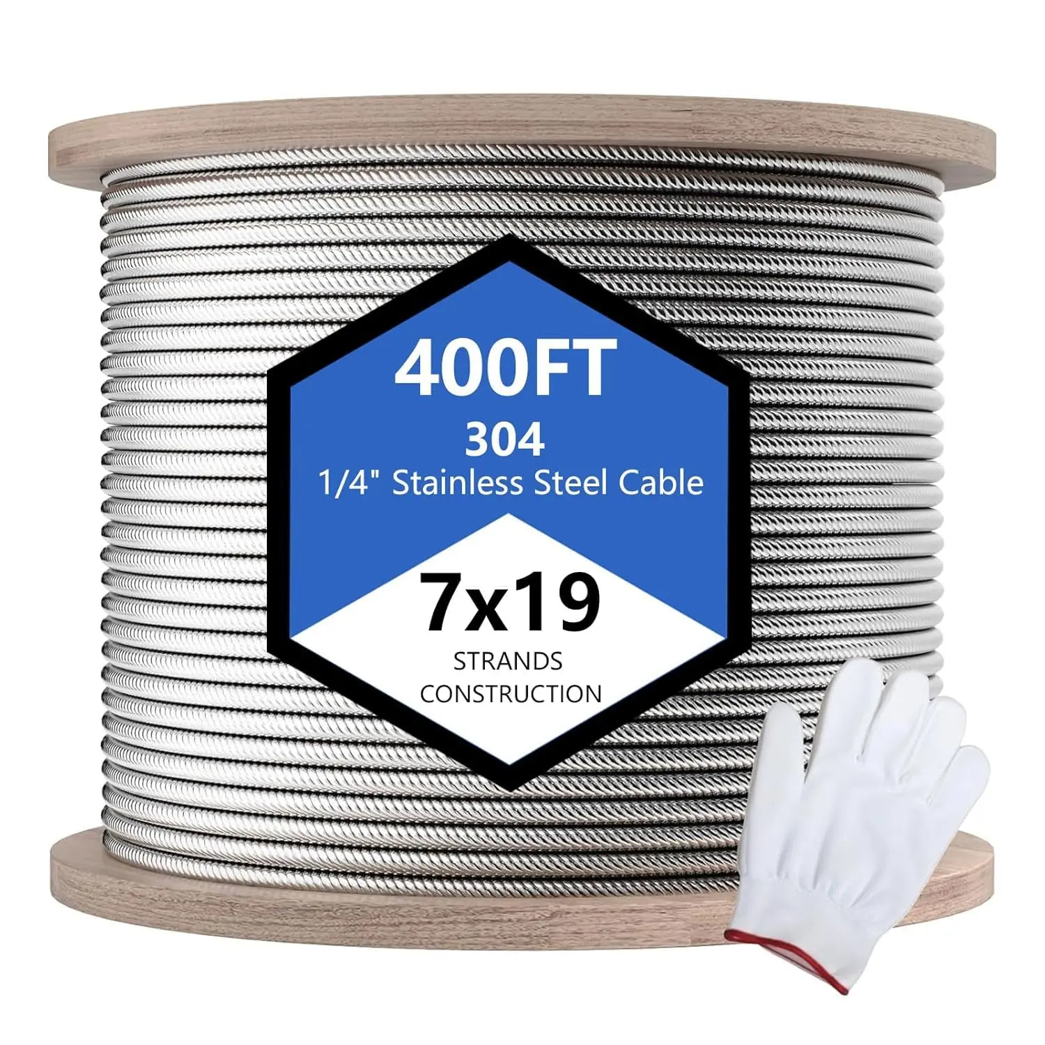 Maeklon 1/4-Inch (6mm) 304-Grade Stainless Steel Cable, 400ft 7x19 Strand Aircraft Wire Rope, 6400 lbs Breaking Strength for Heavy Duty Applications, Deck Railing, 1/4 Inch Diameter, 1/4-Inch Stainless Steel Cable