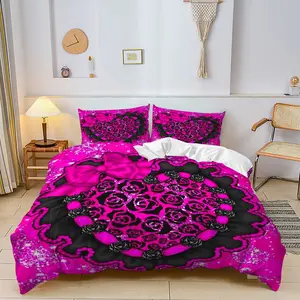 2/3Pcs Gothic Pastel Duvet Cover Set, Elegant Black Heart Design with Hot Pink Bow, Sparkly Glitter Bedding Set for a Romantic Bedroom Makeover, Soft and Stylish, for Y2K Aesthetic Lovers Includes 1 or 2 Pillowcase - No filling/Zipper Closure