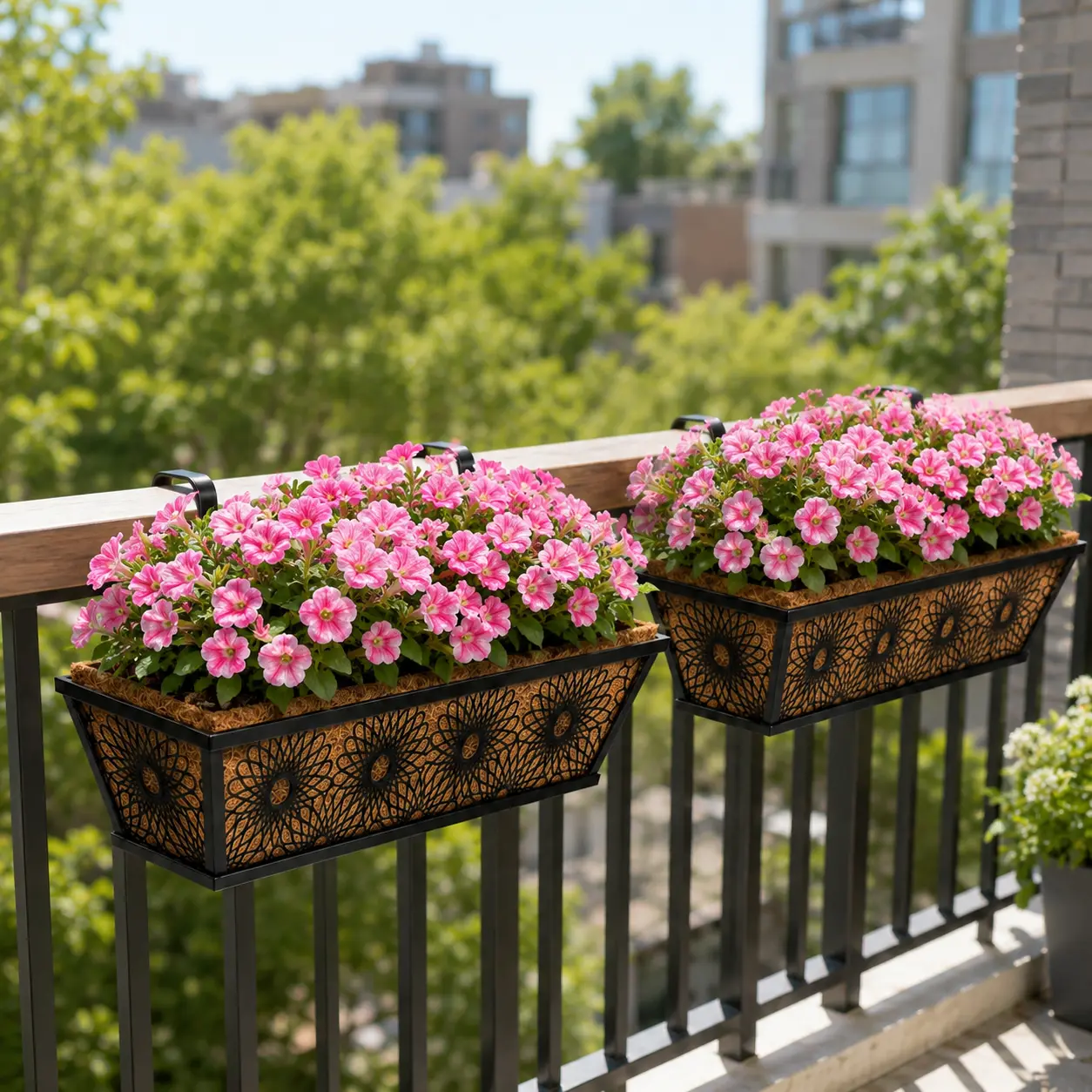 2 Pack 24 Inch Adjustable Deck Railing Planter Boxes, Heavy Duty Metal Window Box Planters with Coco Liners And Support Rods, Outdoor Hanging Flower Baskets for Porch, Fence, Patio, And Balcony Gardening