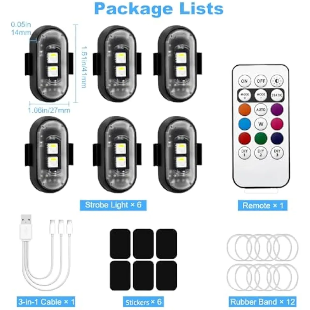 6PCS Wireless LED Strobe Lights with Remote Control Anti Collision Light RGB Rechargeable Motorcycle Light for Cars Trucks Bike Scooter Night Driving Warning Flashing Strobes Lights