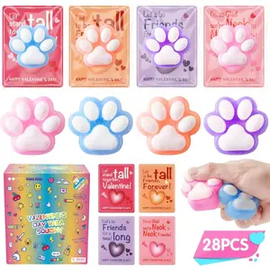 28 Packs Valentines Day Gift Cards with Stress Ball Set Taba Squishy Cat Paw Squeeze Toys, Squishy Fidget Toy, Kawaii Squishies Sensory Toys, Classroom Exchange Gift for Kids, Valentine's Party Favors