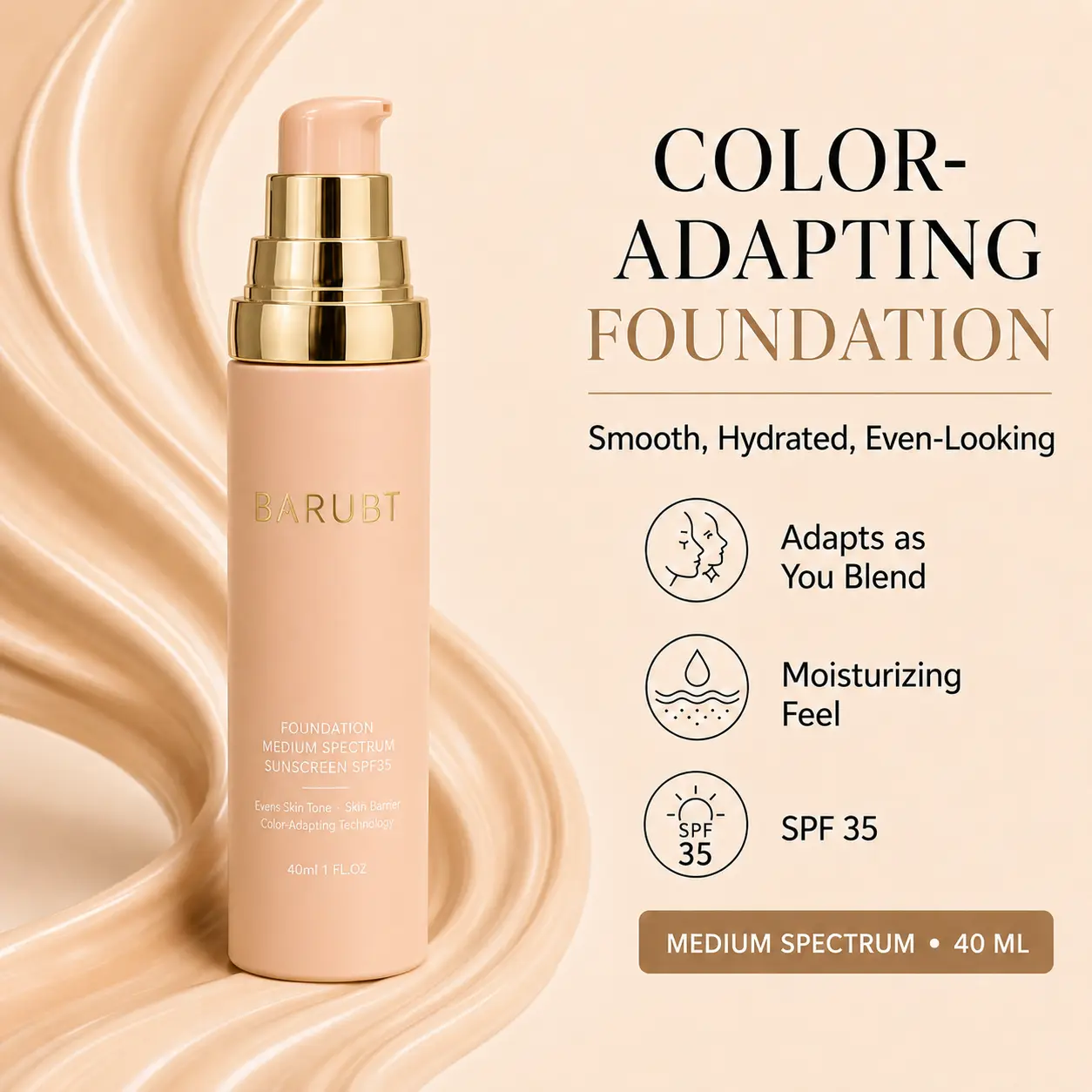 4-in-1 Color-Adapting Cosmetic Foundation Cream, 40g Hydrating Buildable Coverage Face Makeup, Smooth Even Skin Tone, Lightweight Natural Finish