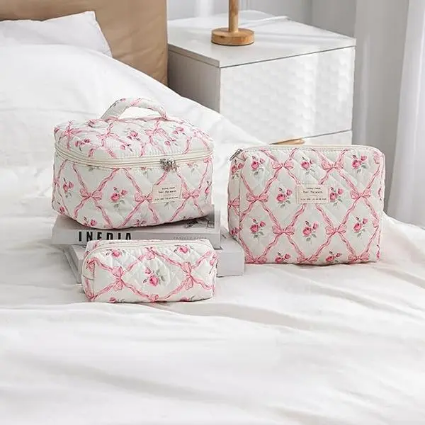FeverLzong Glam on the Go Travel Cosmetic Bag with Top Handle Large Capacity Cute Mini Label Quality Double Zipper Detail Sewing Makeup Organizer Pouch Makeup Bags makeup bag makeup bags